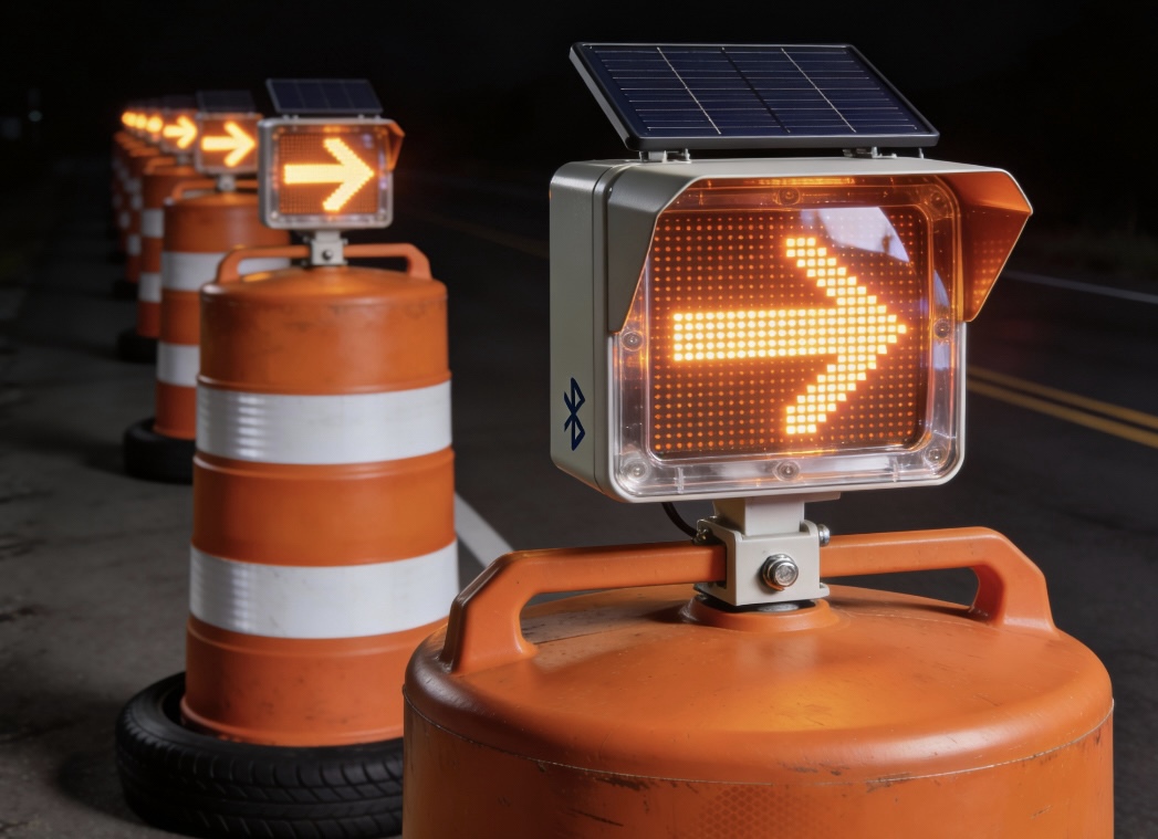 A row of traffic barrels fitted with SWZL solar LED display modules, each glowing amber with a directional arrow, lined along a dark highway work zone at night.