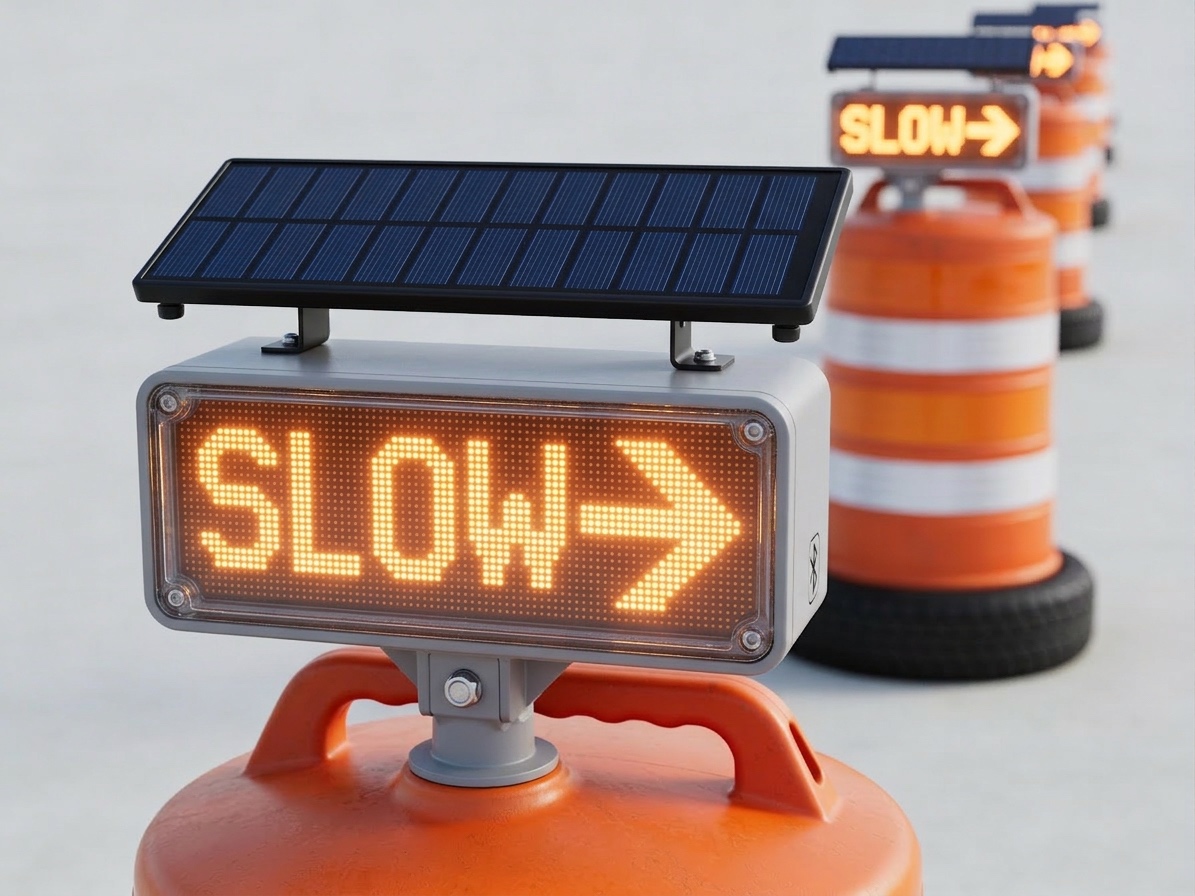 Close-up studio rendering of the SWZL power pod: a solar panel above an amber LED arrow display, mounted on an orange traffic barrel handle.